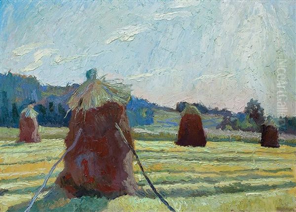 Sheafs In The Field Oil Painting by Stanislaw Kamocki