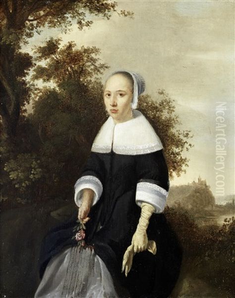 Portrait Of A Young Lady, Three-quarter-length, Holding A Rose, Standing Before An Open Landscape Oil Painting by Godaert Kamper