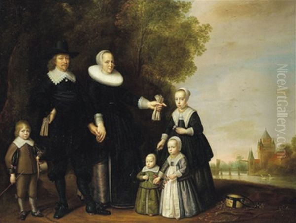 Eine Hollandische Familie In Einer Bewaldeten Flusslandschaft Mit Einem Wasserschloss Im Hintergrund Oil Painting by Godaert Kamper