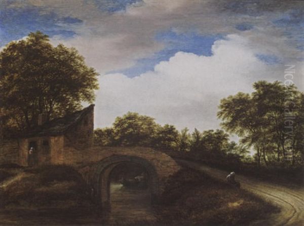 A Wooded Landscape With A Woman Resting On A Path, Fishermen In A Boat Under A Bridge Oil Painting by Godaert Kamper