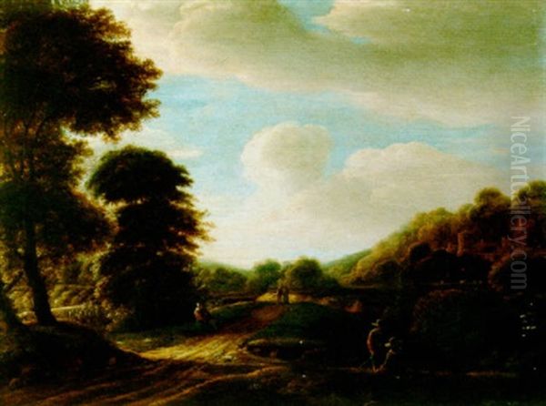 A Wooded Landscape With Travellers In A Path, And A Village Beyond Oil Painting by Godaert Kamper