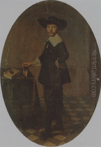 Portrait Of A Gentleman In An Interior Standing By A Table With His Hand On A Book Oil Painting by Godaert Kamper