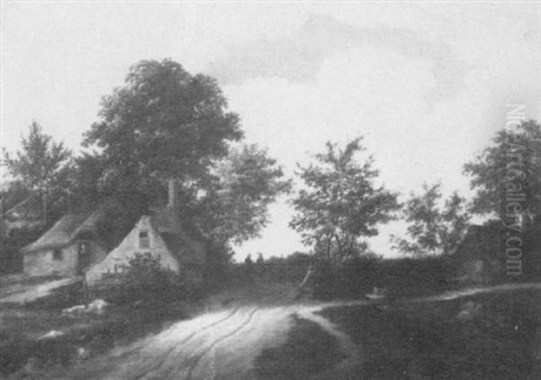 Dutch Landscape With Houses And Figures On A Road Oil Painting by Godaert Kamper