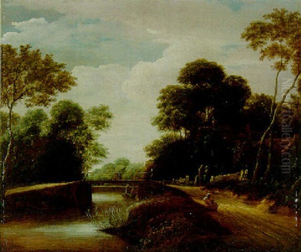 Wooded River Landscape With A Bridge And Peasants On A Path By A Cottage Oil Painting by Godaert Kamper