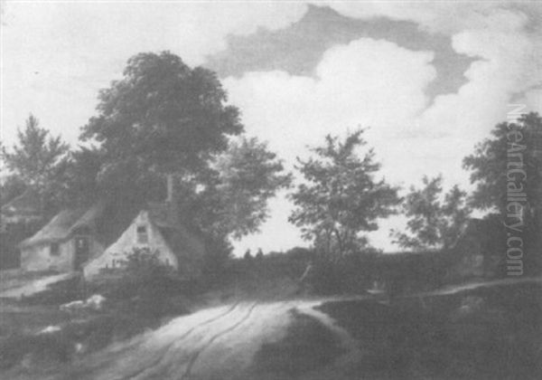 A Dutch Landscape With Houses And Figures On A Road Oil Painting by Godaert Kamper