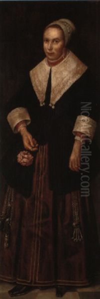 Portrait Of A Lady In A Black Tunic With A Brown Skirt Holding A Rose Oil Painting by Godaert Kamper