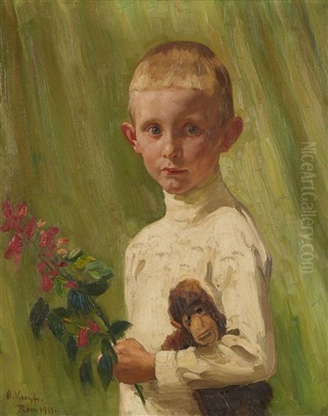 Portrait Of A Boy With A Flowering Branch And A Monkey Oil Painting by Arthur Kampf