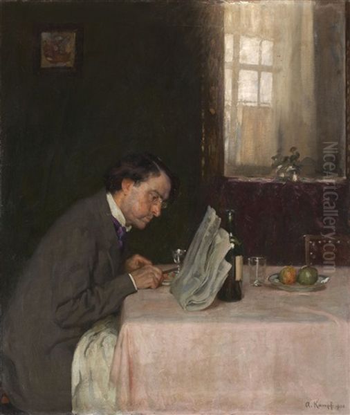 Reading A Newspaper Oil Painting by Arthur Kampf