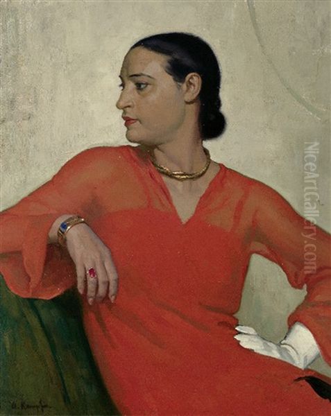 Portrait Einer Dame Im Art-deco-kleid Mit Goldenem Collier, Armreif Und Ring Oil Painting by Arthur Kampf