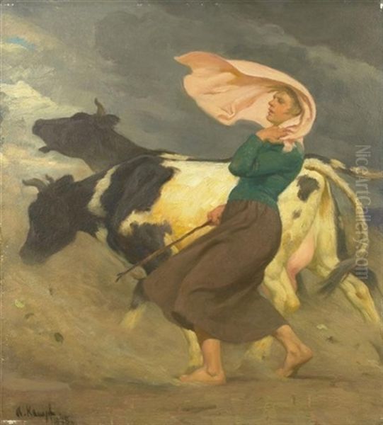 Vor Dem Unwetter. Bauersfrau Mit Kuhen Auf Dem Heimweg Oil Painting by Arthur Kampf