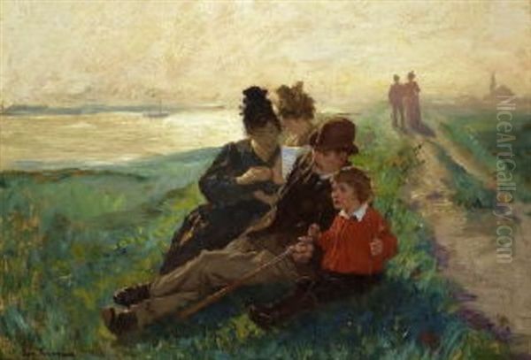 Rastende Familie Auf Dem Deich Am Flussufer Oil Painting by Arthur Kampf