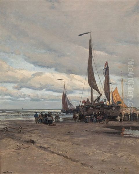 Kustenlandschaft Mit Fischerfamilien Beim Entladen Der Boote Oil Painting by Eugen Kampf