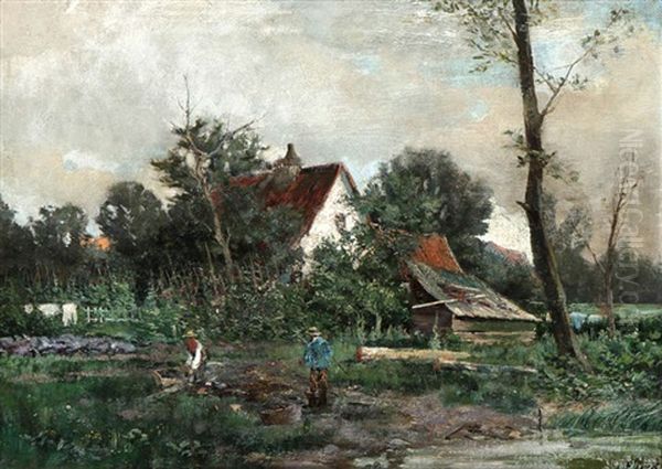 Paysans Au Travail Devant Une Ferme Oil Painting by Eugen Kampf