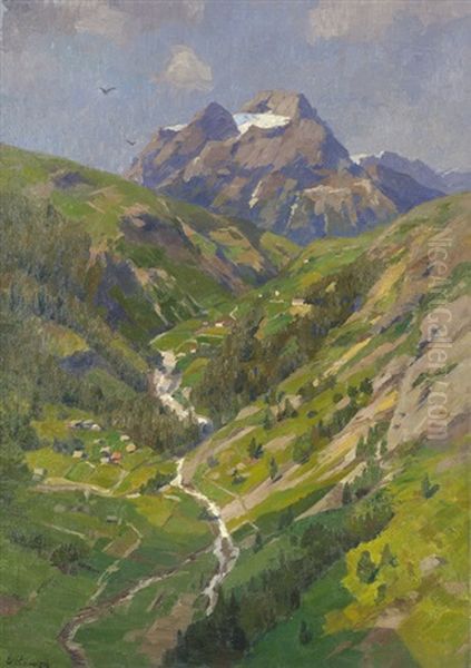 Tal Mit Bachlauf In Den Alpen, Im Hintergrund Gebirgsformation Oil Painting by Eugen Kampf