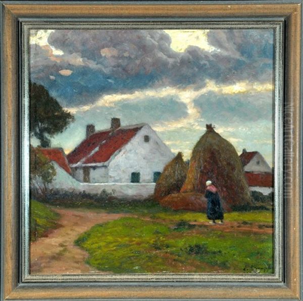 Bauerin Und Heuhocken Am Dorfrand Oil Painting by Eugen Kampf