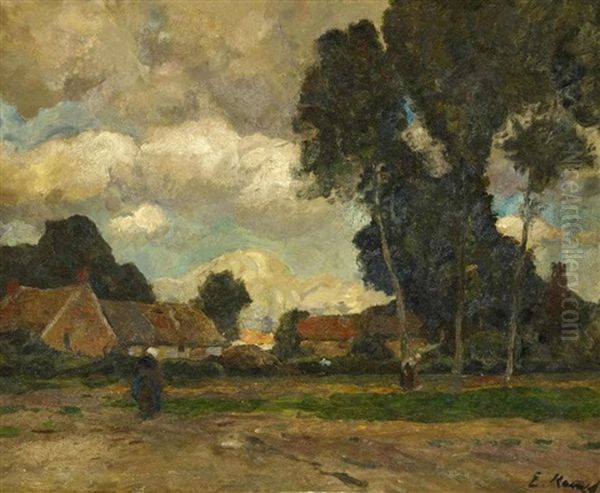 Bauerinnen Vor Einem Dorf Oil Painting by Eugen Kampf