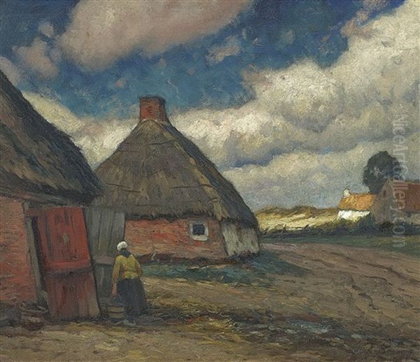 Reetgedeckte Bauernkaten An Einem Dorfweg Oil Painting by Eugen Kampf