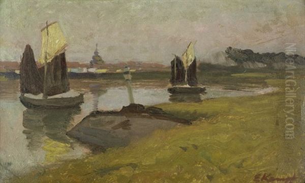 Niederrheinische Fluslandschaft Mit Segelbooten Im Abendlicht Oil Painting by Eugen Kampf