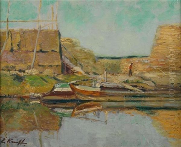 Sommertag Am Kanal. Fischerboote In Ruhigem Gewasser, Vor Reed Gedeckten Katen Oil Painting by Eugen Kampf