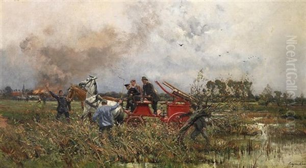 Brand Im Dorfe. Feuerwehrleute Mit Ihrem Loschwagen Auf Den Rheinwiesen Oil Painting by Eugen Kampf