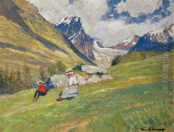 Landschaft Im Unterengadin Mit Rastenden Wanderern Oil Painting by Eugen Kampf