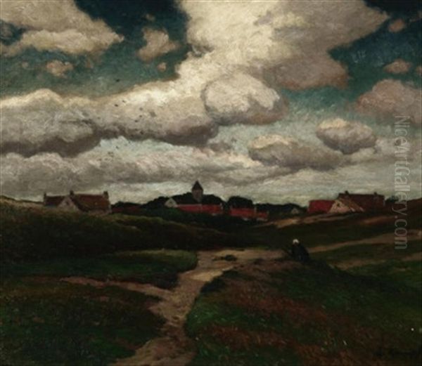 Kirchdorf In Flandrischer Landschaft, Vorn Eine Bauerin Auf Kleinem Feldweg Oil Painting by Eugen Kampf