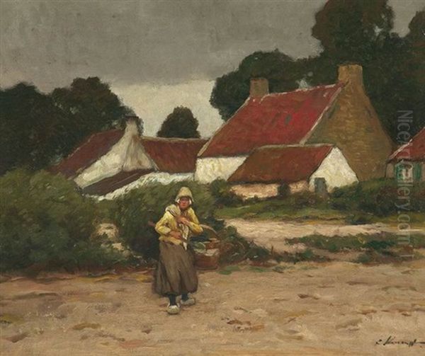 Bauerin Vor Einem Flandrischen Gehoft Oil Painting by Eugen Kampf