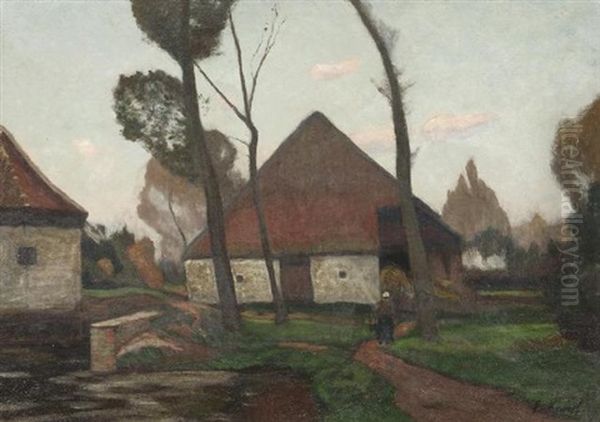 Flandrisches Dorf. Bauerin Vor Der Scheune Oil Painting by Eugen Kampf