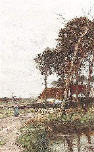 Weite Landschaft Am Niederrhein Mit Schafherde Vor Einem Gehoft Oil Painting by Eugen Kampf