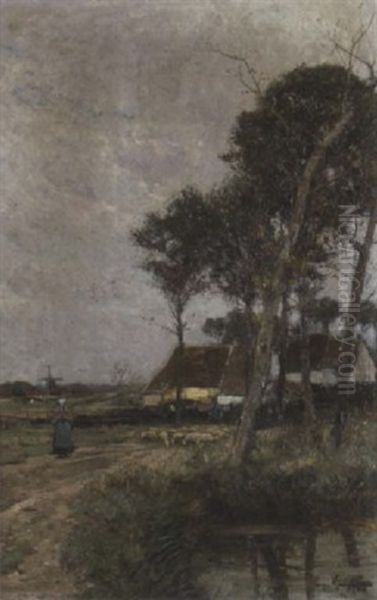 Norddeutsche Landschaft Mit Windmuhlen Oil Painting by Eugen Kampf