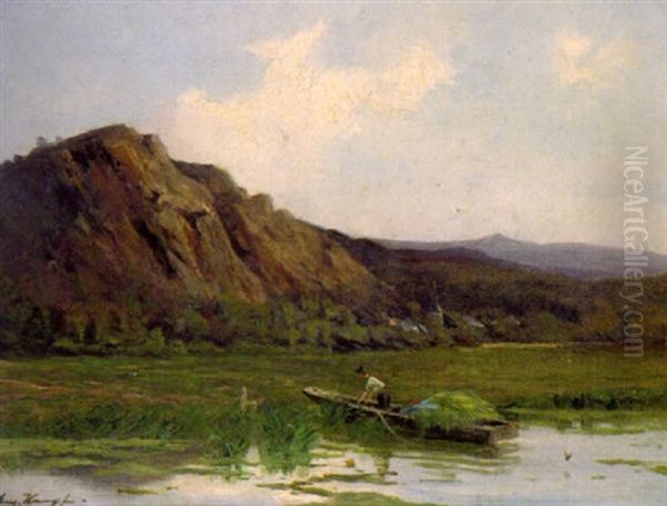 Gebirgige Landschaft (eifel?) Mit Heuboot An Einem Seeufer Oil Painting by Eugen Kampf