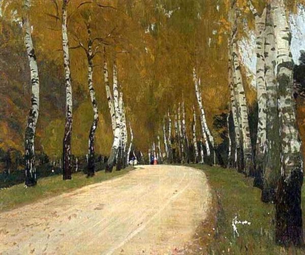 Birkenallee Im Herbst Oil Painting by Gustav Kampmann