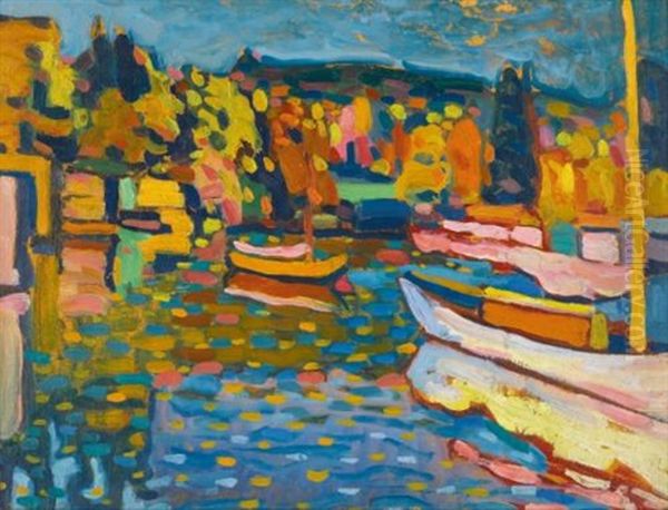 Studie Fur Herbstlandschaft Mit Booten (study For Autumn Landscape With Boats) Oil Painting by Wassily Kandinsky