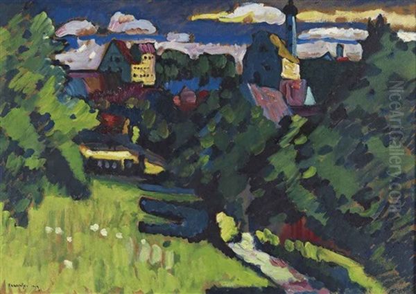 Murnau - Ansicht Mit Burg, Kirche Und Eisenbahn Oil Painting by Wassily Kandinsky