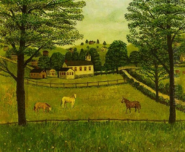 Farm Scene With Three Horses Oil Painting by John Kane