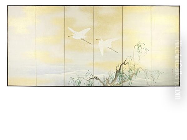 A Six-fold Screen Oil Painting by Nishiyama Kan'Ei