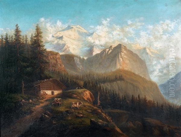 Sommerliche Ansicht Von Der Wengernalp Auf Die Jungfrau Oil Painting by Johannes von Kaenel