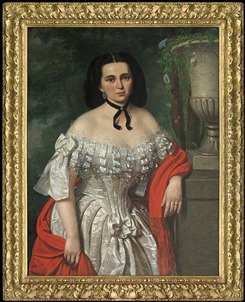 Portrait Of A Lady With Red Shawl, After Oil Painting by Jan Ksawery Kaniewski