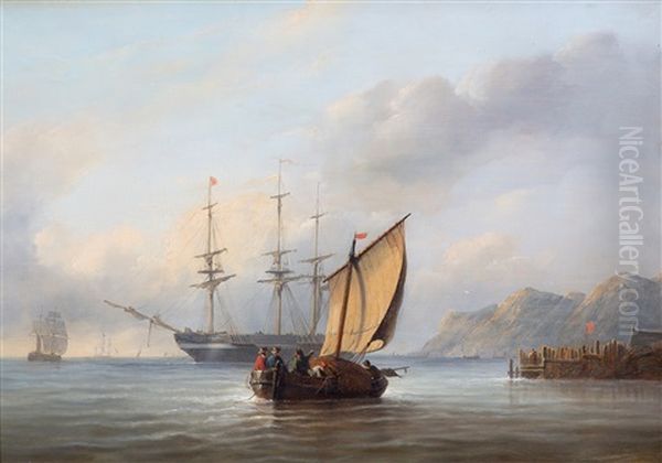 A Three-master And Fishing Boat Near A Rocky Coast Oil Painting by Christian Cornelis Kannemans