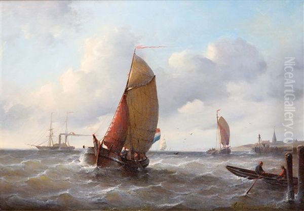 Dutch Sailing Ships And A Paddle-steamer Near The Coast Oil Painting by Christian Cornelis Kannemans