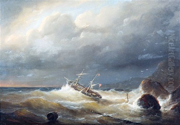 Ship Off A Rocky Coast Oil Painting by Christian Cornelis Kannemans