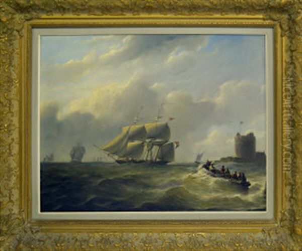 Frigate Off A Fortified Headland With Figures In A Dinghy Oil Painting by Christian Cornelis Kannemans