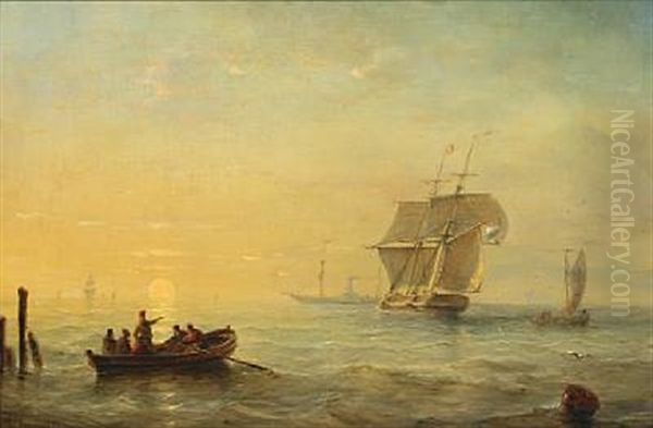 Seascape With Sailing Ships, Paddle Steamer And Rowing Boat At Sunset Oil Painting by Christian Cornelis Kannemans