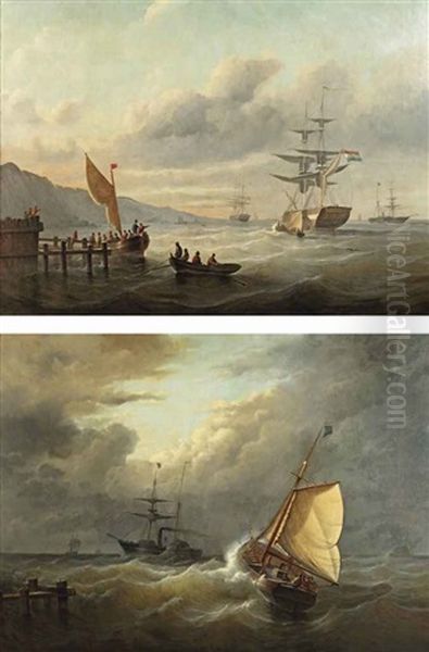 Dutch Vessels In A Sunlit Bay (+ Ships Caught In Rough Waters; Pair) Oil Painting by Christian Cornelis Kannemans