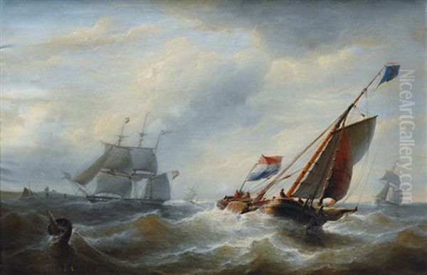 Dutch Sailing Vessels In Choppy Sea Oil Painting by Christian Cornelis Kannemans