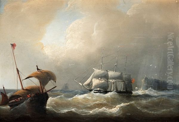 Marin Med Fullriggare Och Fiskeskuta Oil Painting by Christian Cornelis Kannemans