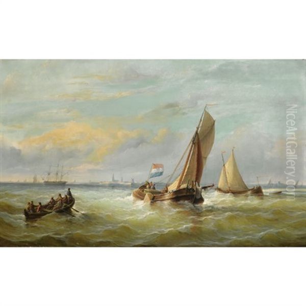 Fishing Boats On Choppy Waters, Vlissingen (?) In The Background Oil Painting by Christian Cornelis Kannemans