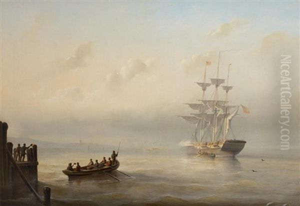 Depart Du Deux-mats Avec Steamship En Arriere-plan Oil Painting by Christian Cornelis Kannemans