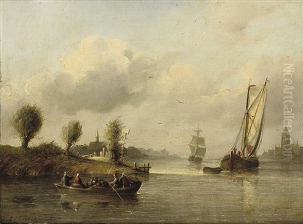 Boats In A Calm Near A Town Oil Painting by Christian Cornelis Kannemans