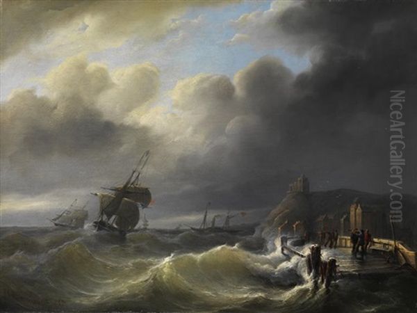 Segelschiffe In Einer Sturmflut Vor Der Kuste Oil Painting by Christian Cornelis Kannemans